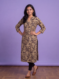 Dark Brown Cotton Allover Floral Printed Straight Kurti