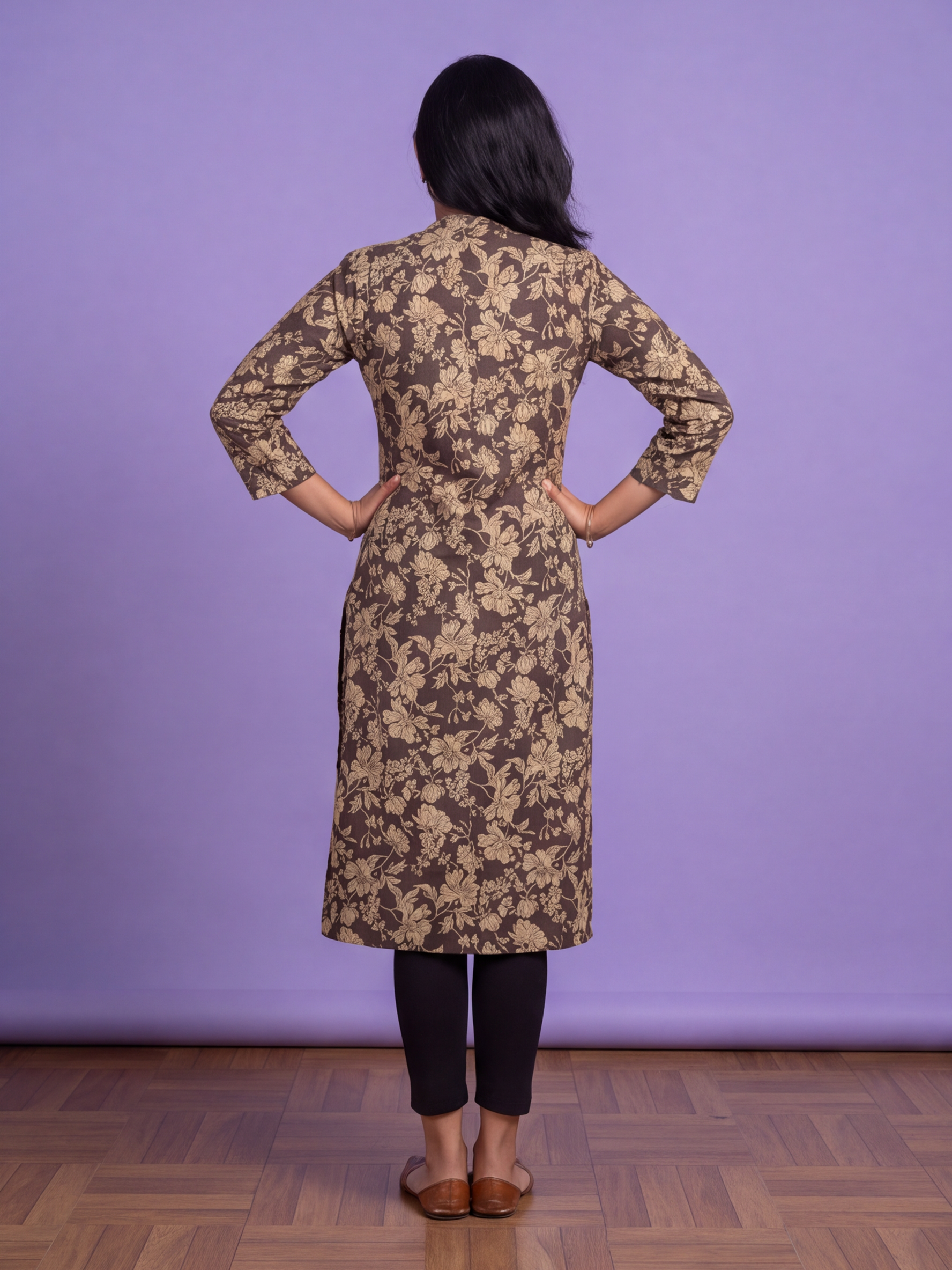 Dark Brown Cotton Allover Floral Printed Straight Kurti