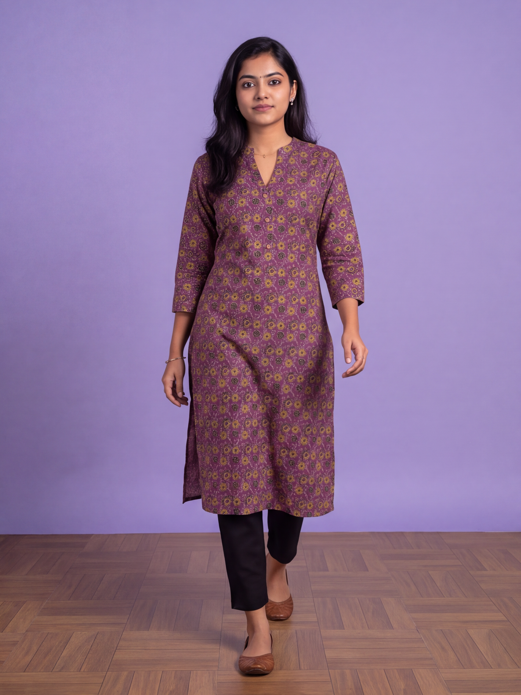 Deep Purple Cotton Floral Printed Straight Kurti
