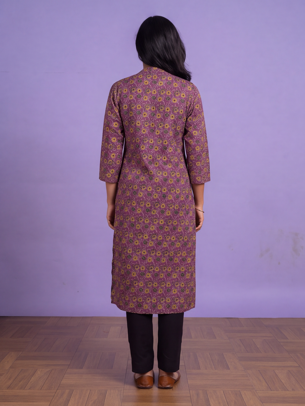 Deep Purple Cotton Floral Printed Straight Kurti