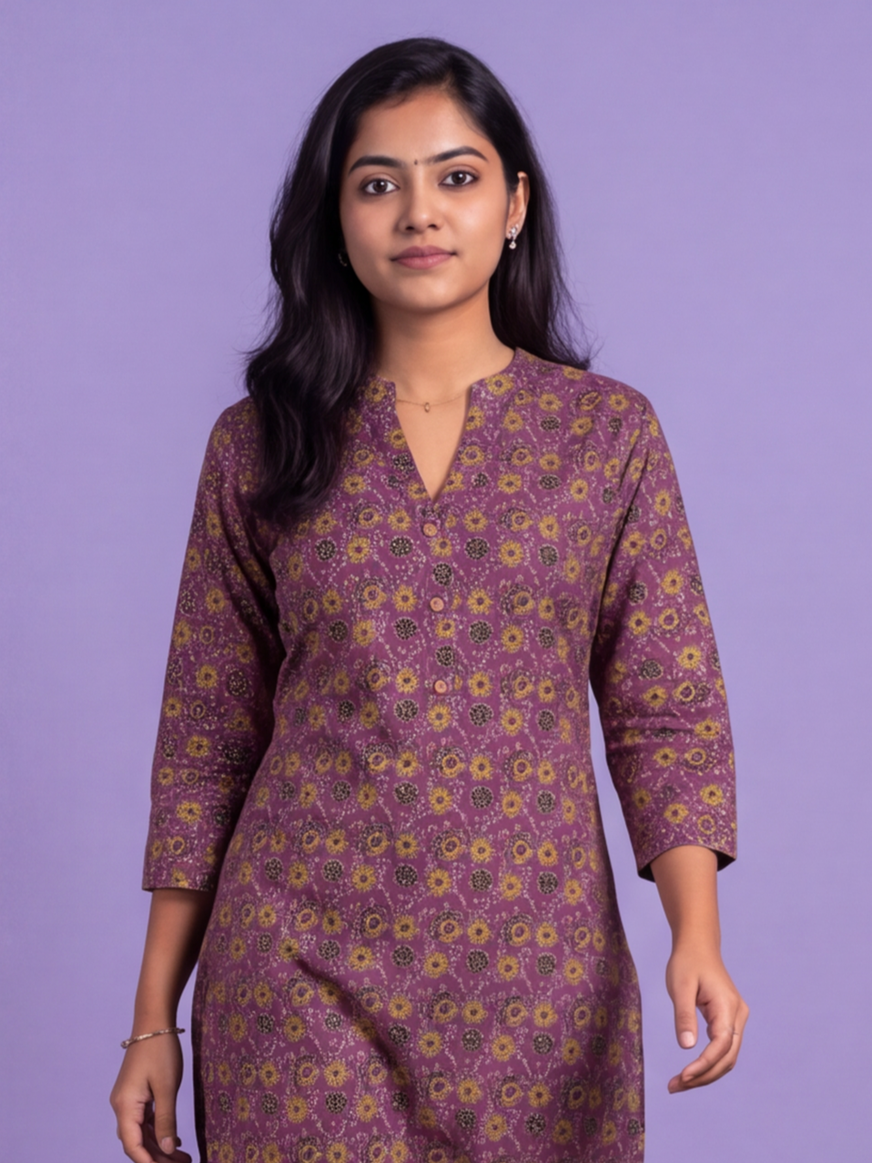 Deep Purple Cotton Floral Printed Straight Kurti