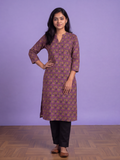 Deep Purple Cotton Floral Printed Straight Kurti