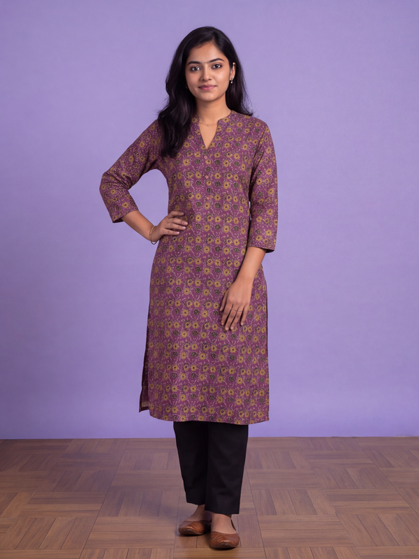Deep Purple Cotton Floral Printed Straight Kurti