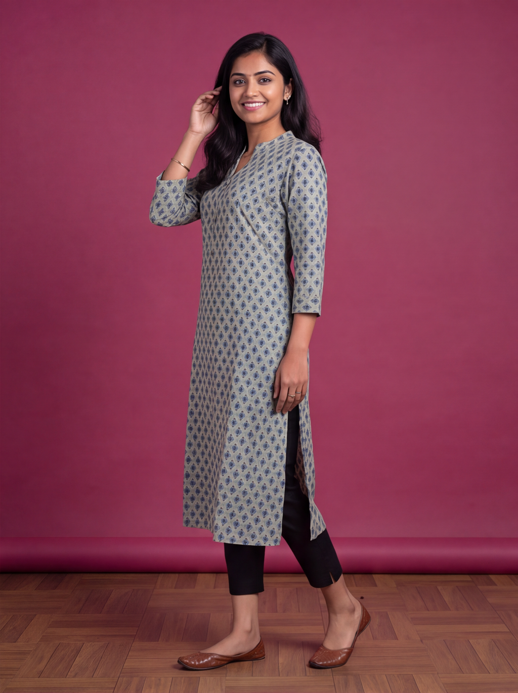 Pastel Green Cotton Printed Straight Kurti