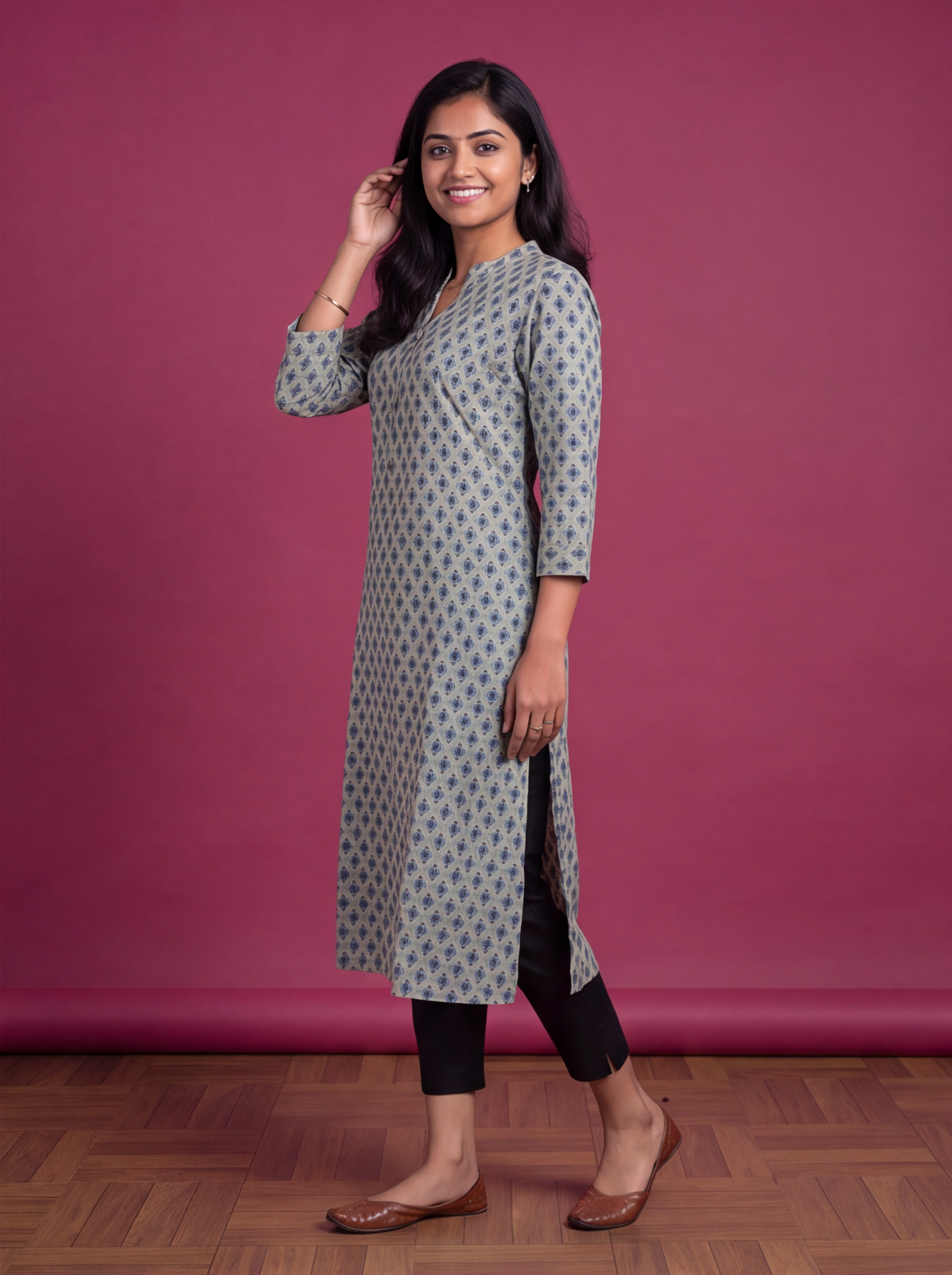 Pastel Green Cotton Printed Straight Kurti