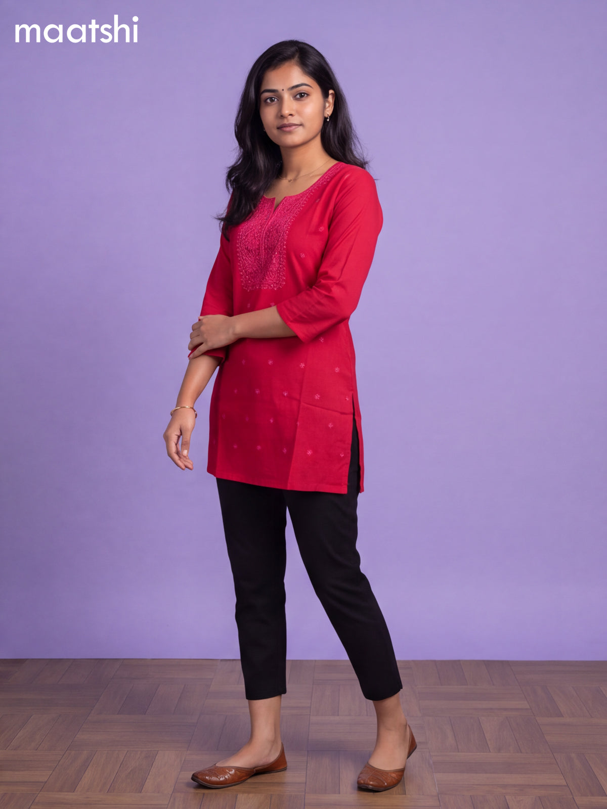 Pink Cotton Embroidery Work Short Kurti