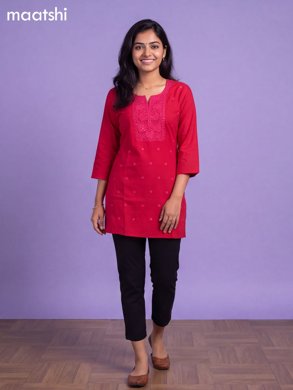 Pink Cotton Embroidery Work Short Kurti
