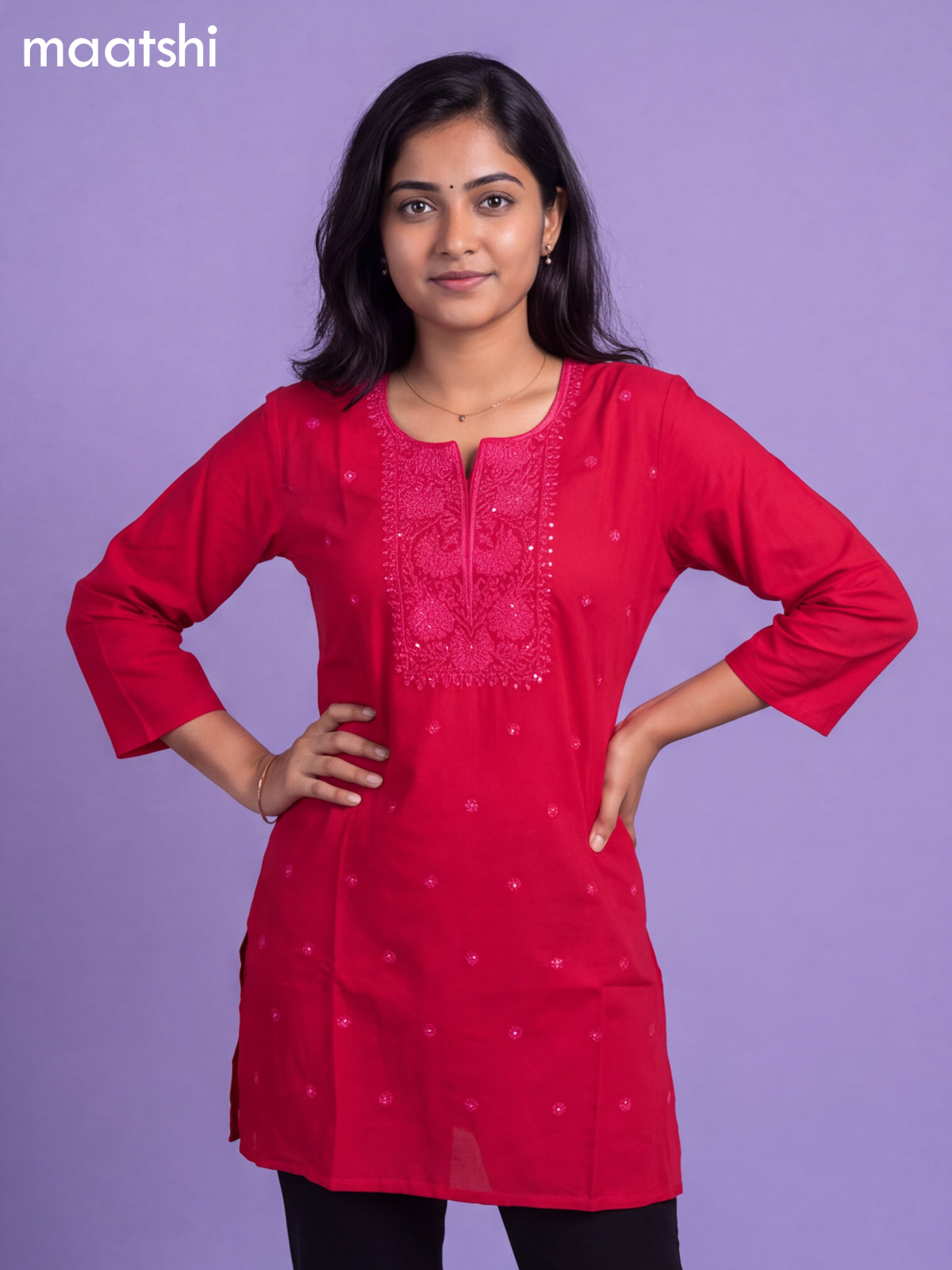 Pink Cotton Embroidery Work Short Kurti