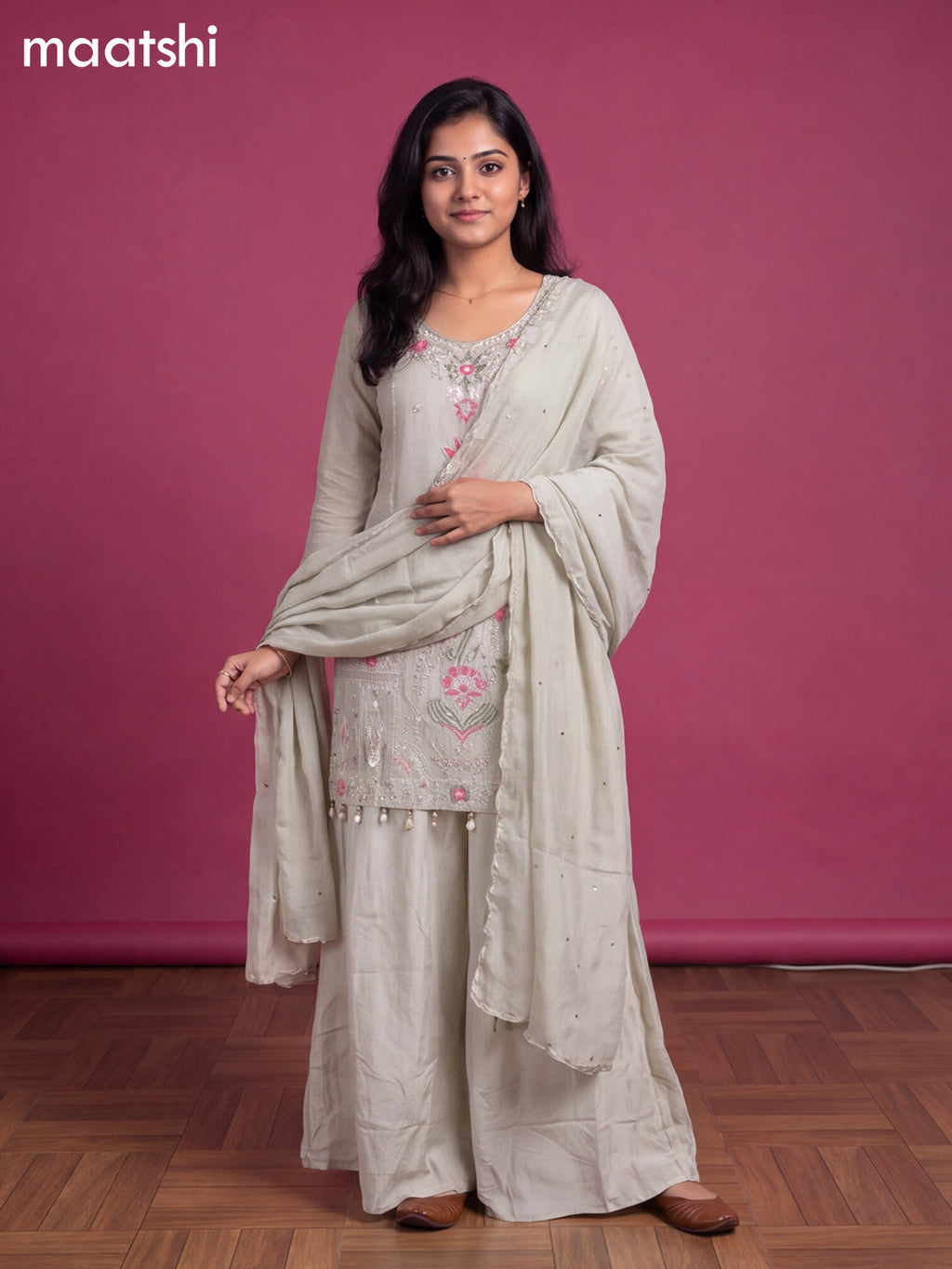 Grey Art Silk With Embroidery Work Straight Suit