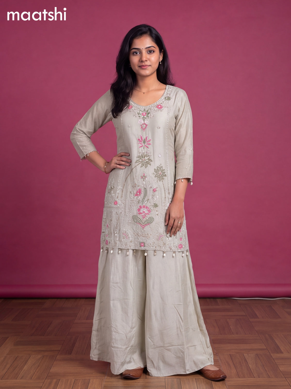 Grey Art Silk With Embroidery Work Straight Suit