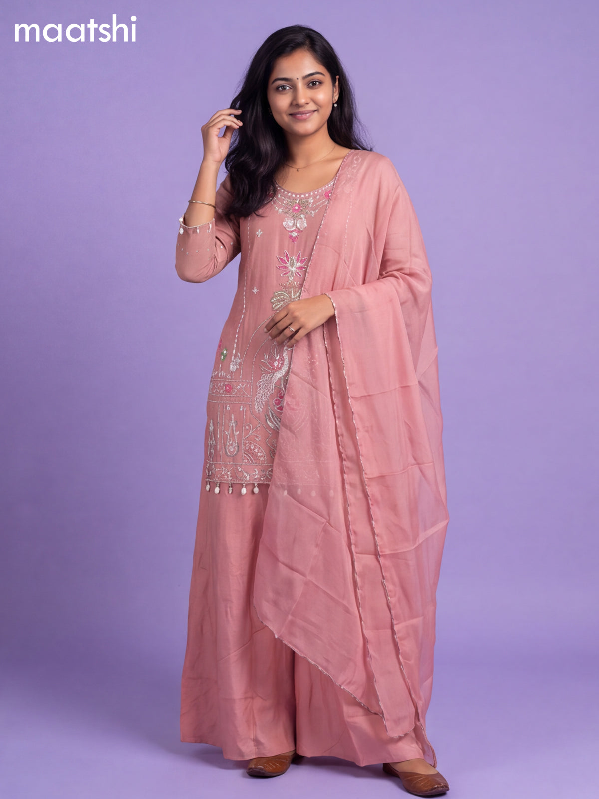 Pink Art Silk With Embroidery Work Straight Suit