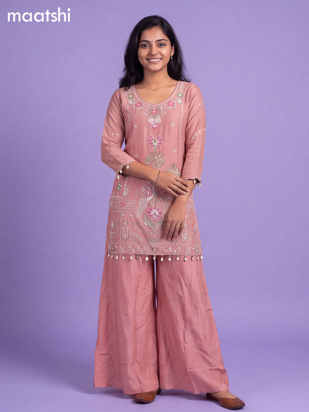 Pink Art Silk With Embroidery Work Straight Suit