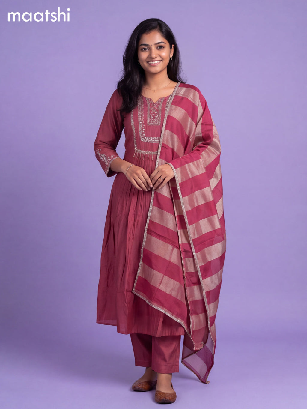 Mauve Pink Mul Chanderi Embroidery Work Anarkali Suit