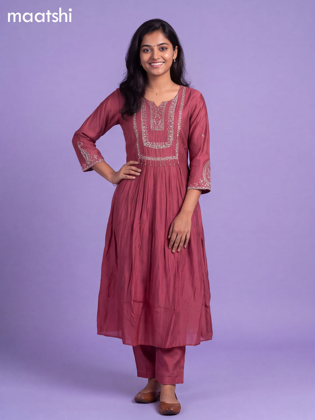 Mauve Pink Mul Chanderi Embroidery Work Anarkali Suit