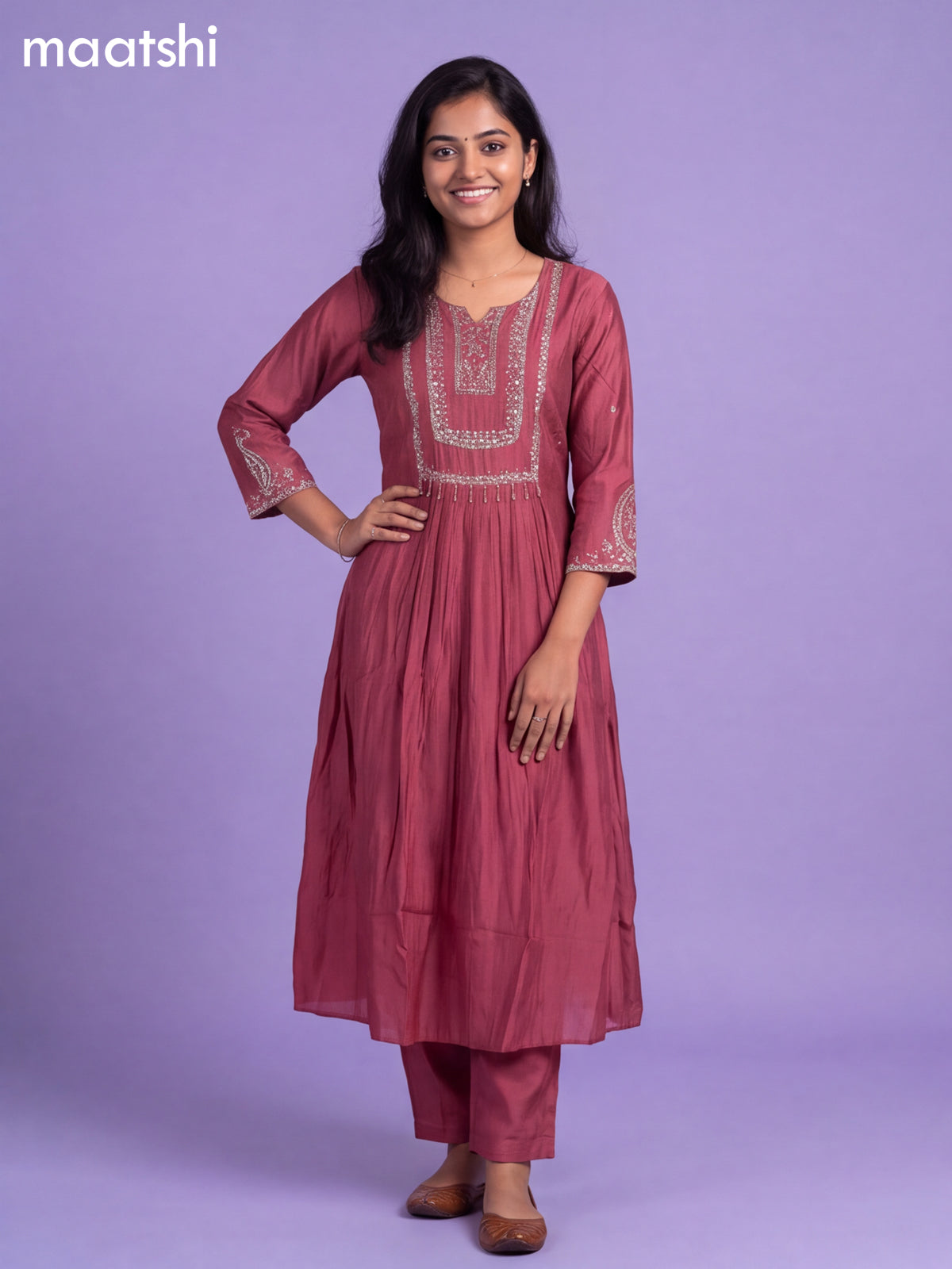 Mauve Pink Mul Chanderi Embroidery Work Anarkali Suit