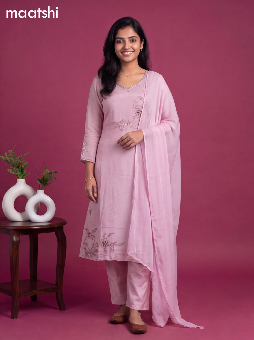 Lotus Pink Art Silk Embroidery Work A-Line Suit