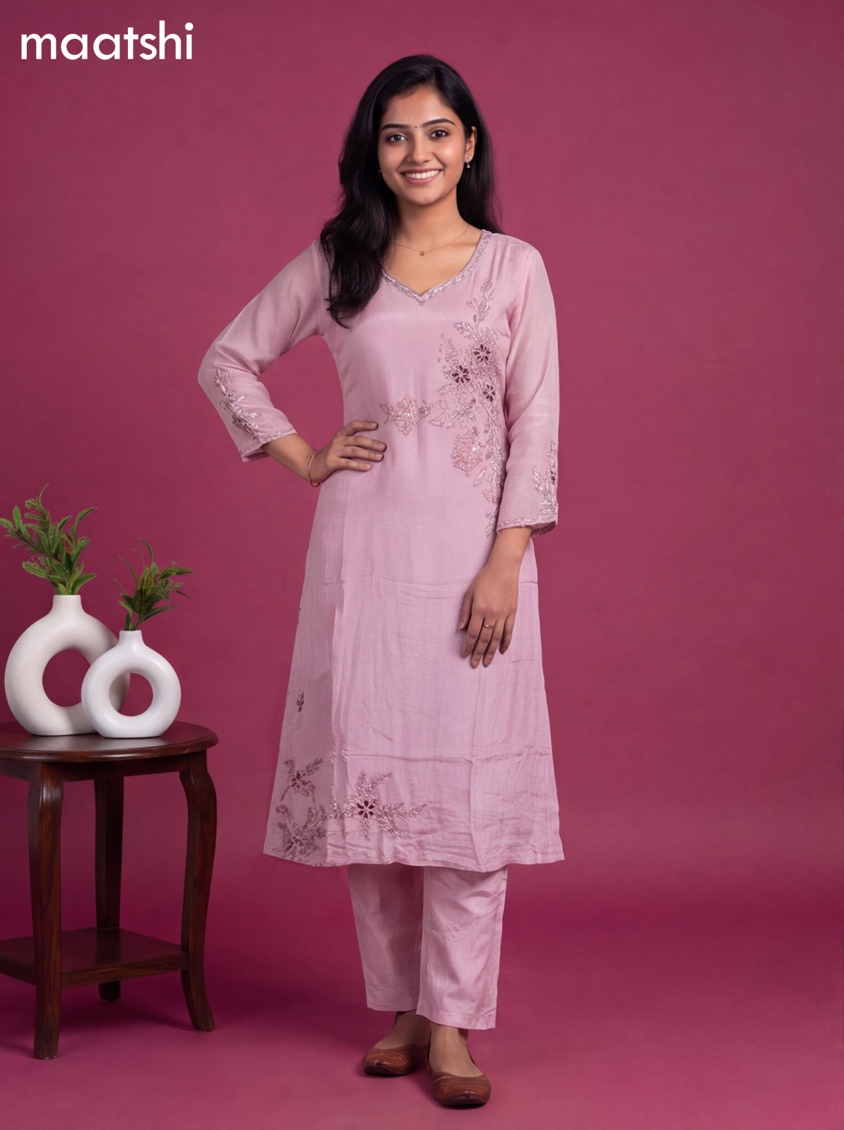 Lotus Pink Art Silk Embroidery Work A-Line Suit