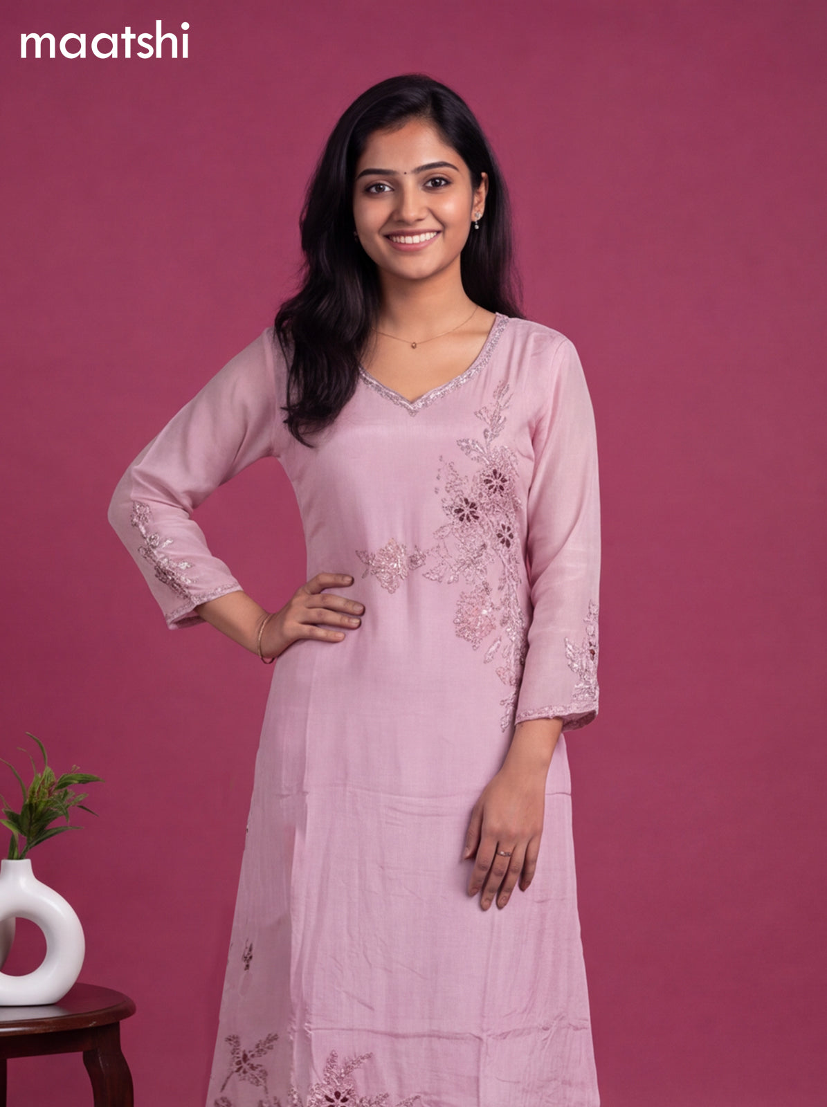 Lotus Pink Art Silk Embroidery Work A-Line Suit