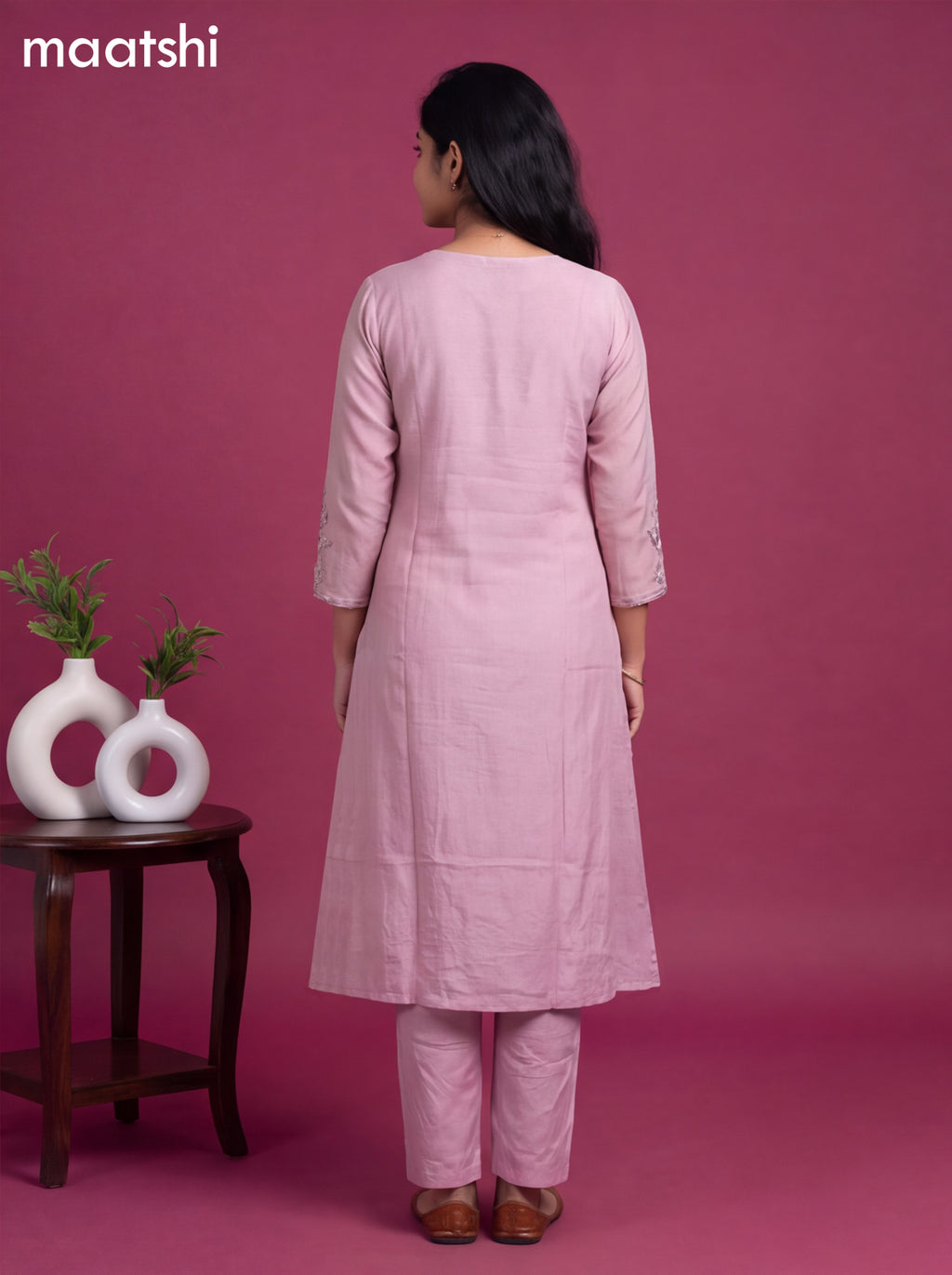 Lotus Pink Art Silk Embroidery Work A-Line Suit