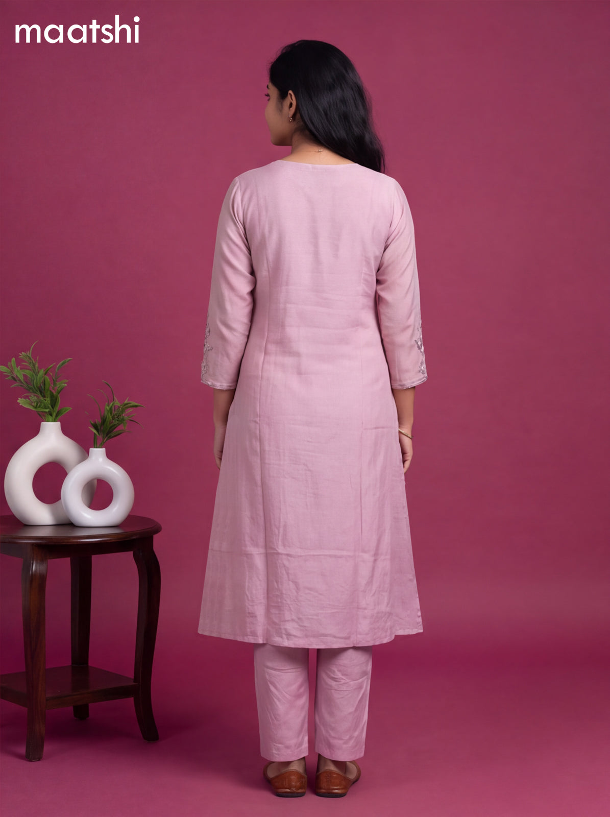 Lotus Pink Art Silk Embroidery Work A-Line Suit