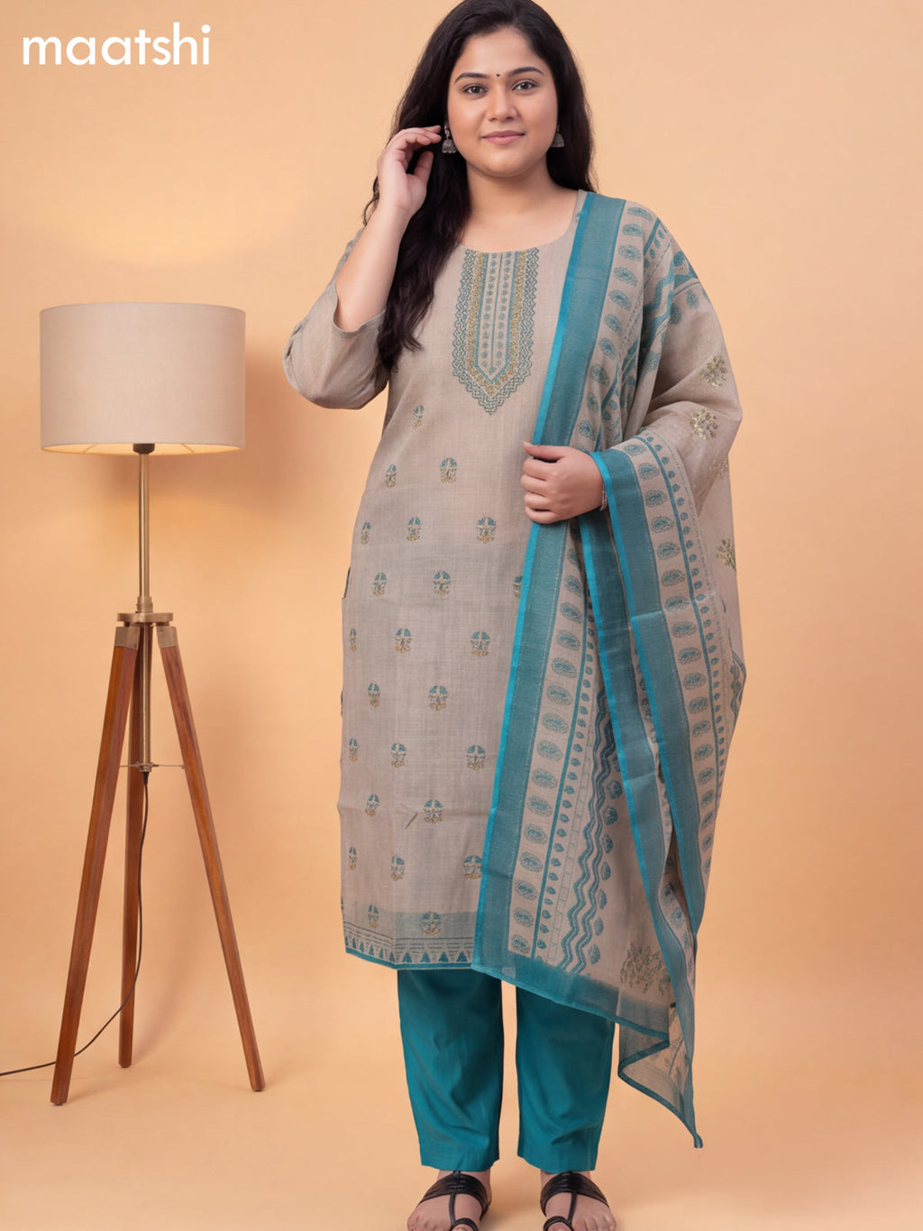 Beige and Green Tissue Printed Straight Suit