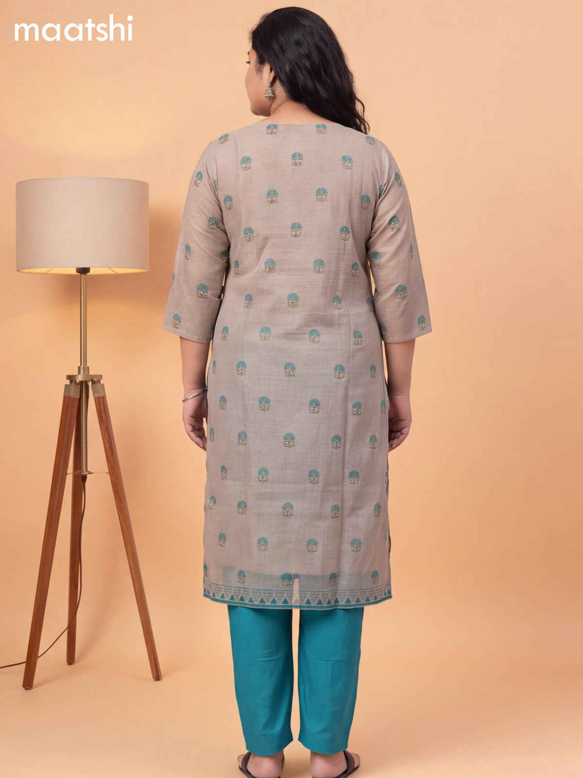 Beige and Green Tissue Printed Straight Suit