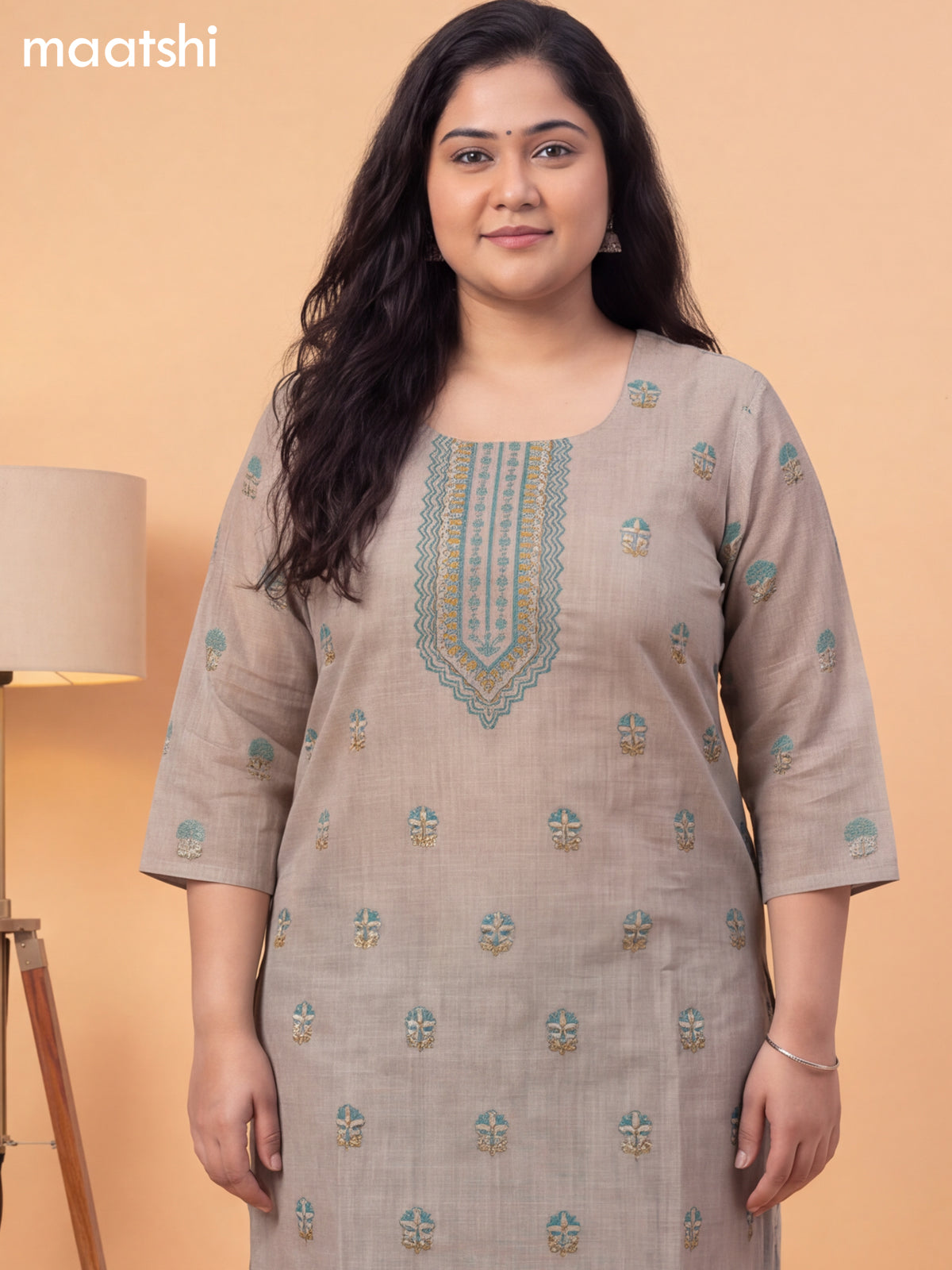Beige and Green Tissue Printed Straight Suit