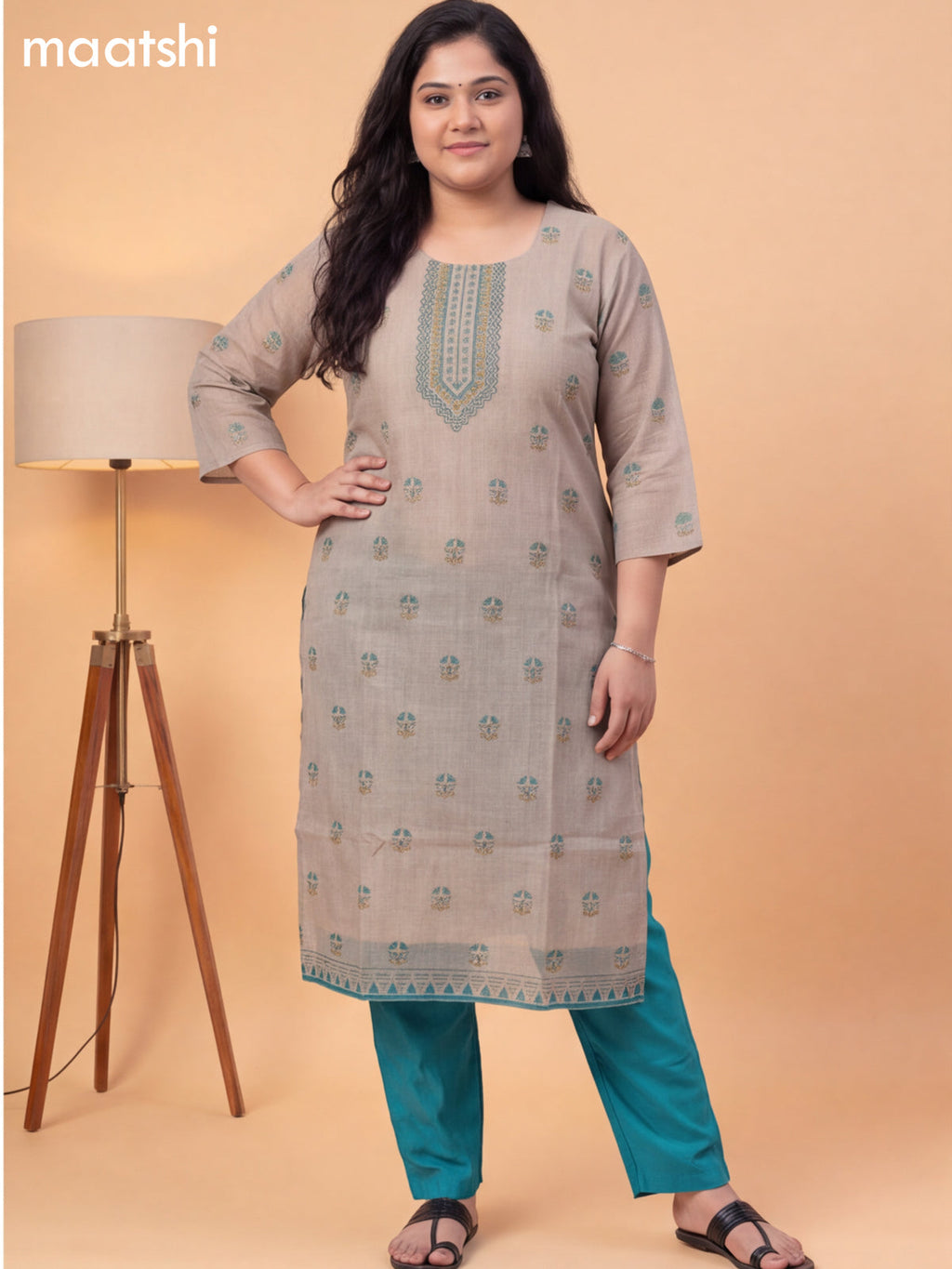 Beige and Green Tissue Printed Straight Suit