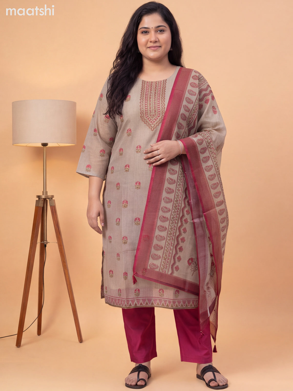Beige and Pink Tissue Printed Straight Suit