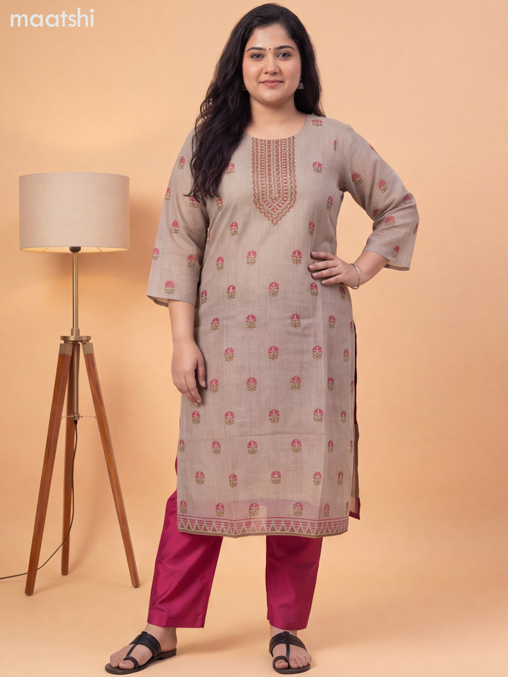 Beige and Pink Tissue Printed Straight Suit