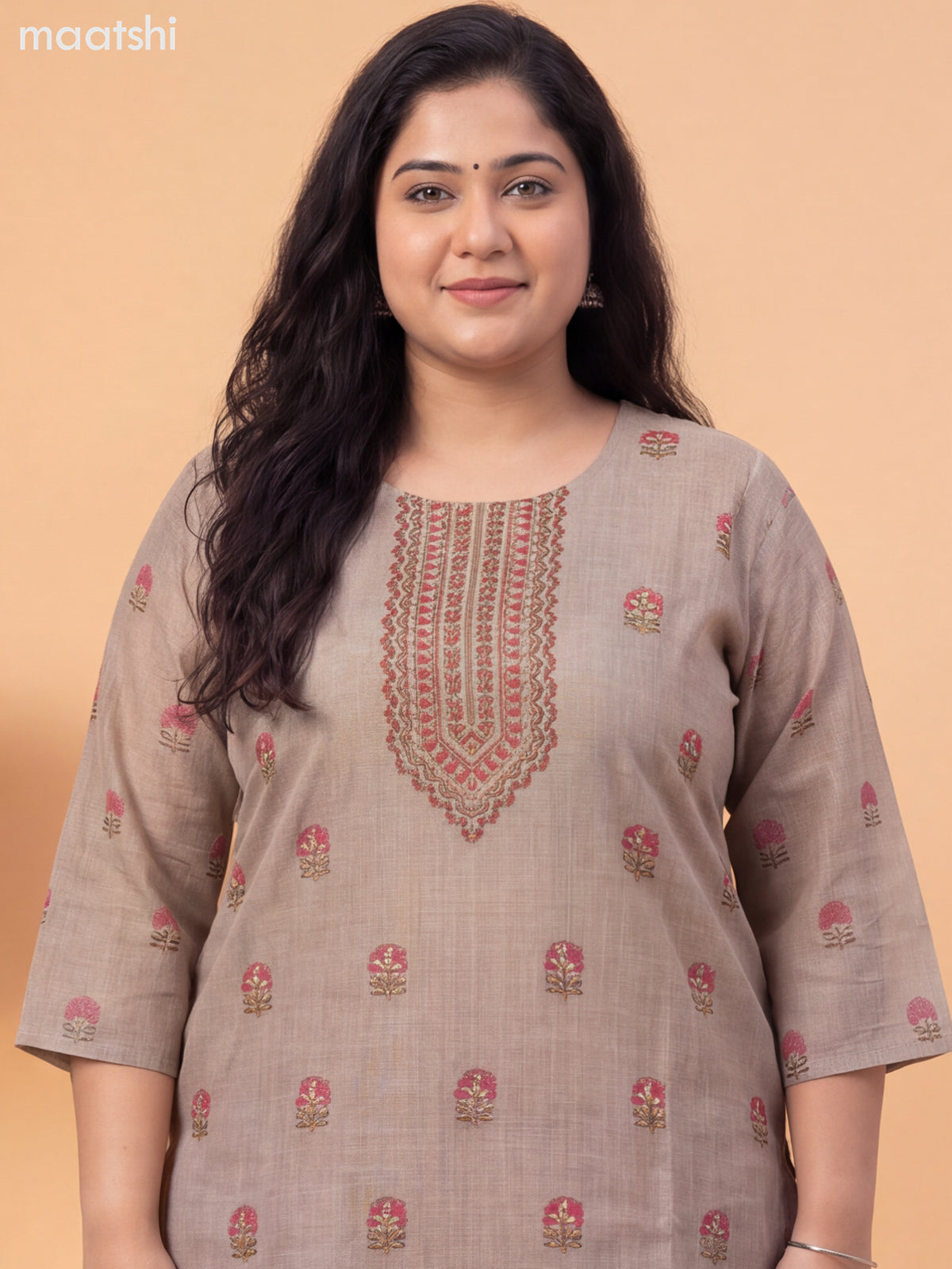 Beige and Pink Tissue Printed Straight Suit