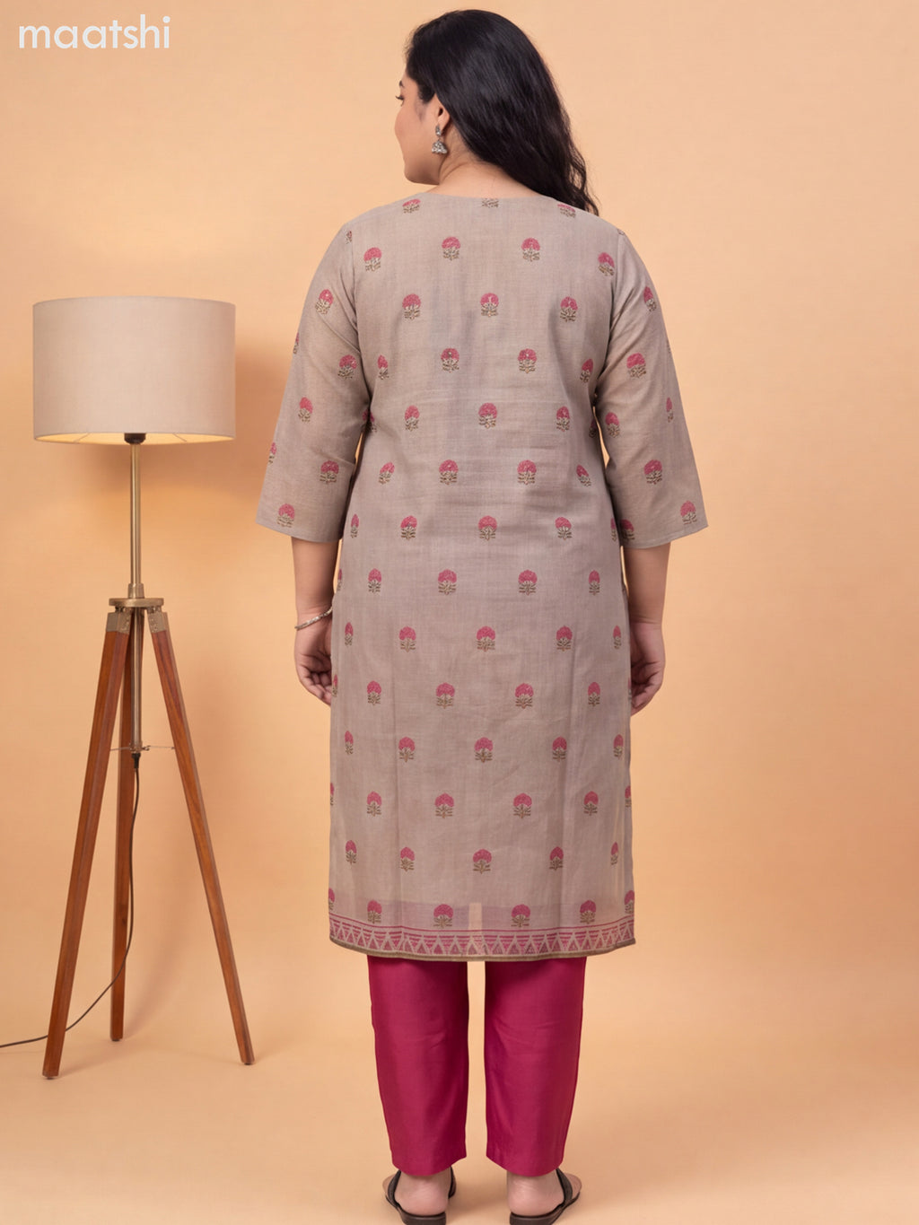 Beige and Pink Tissue Printed Straight Suit
