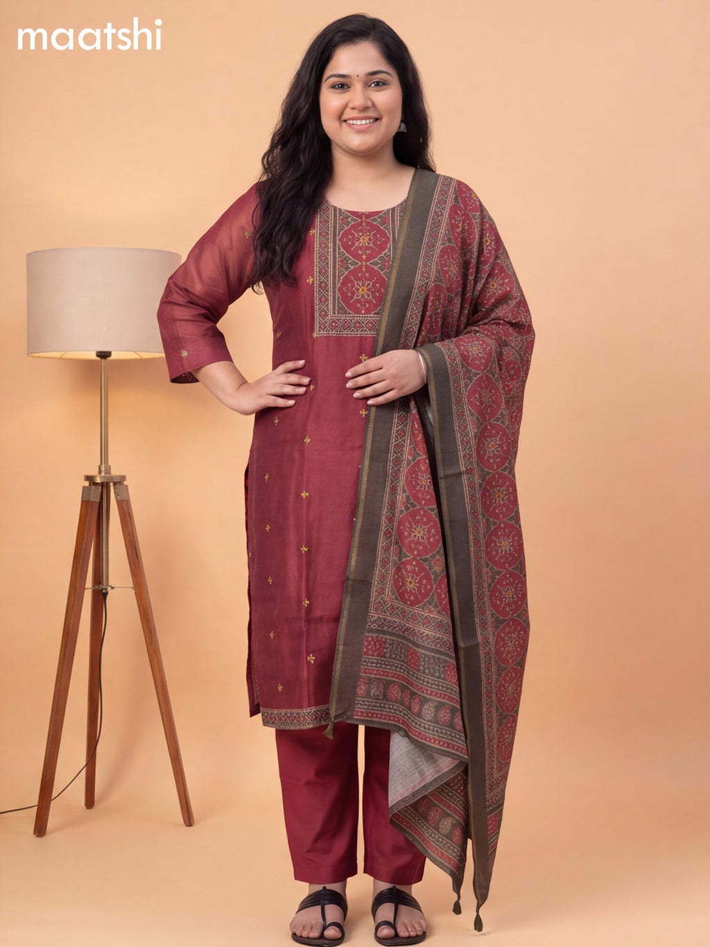 Maroon Mul Chanderi Ajrakh Printed Straight Suit