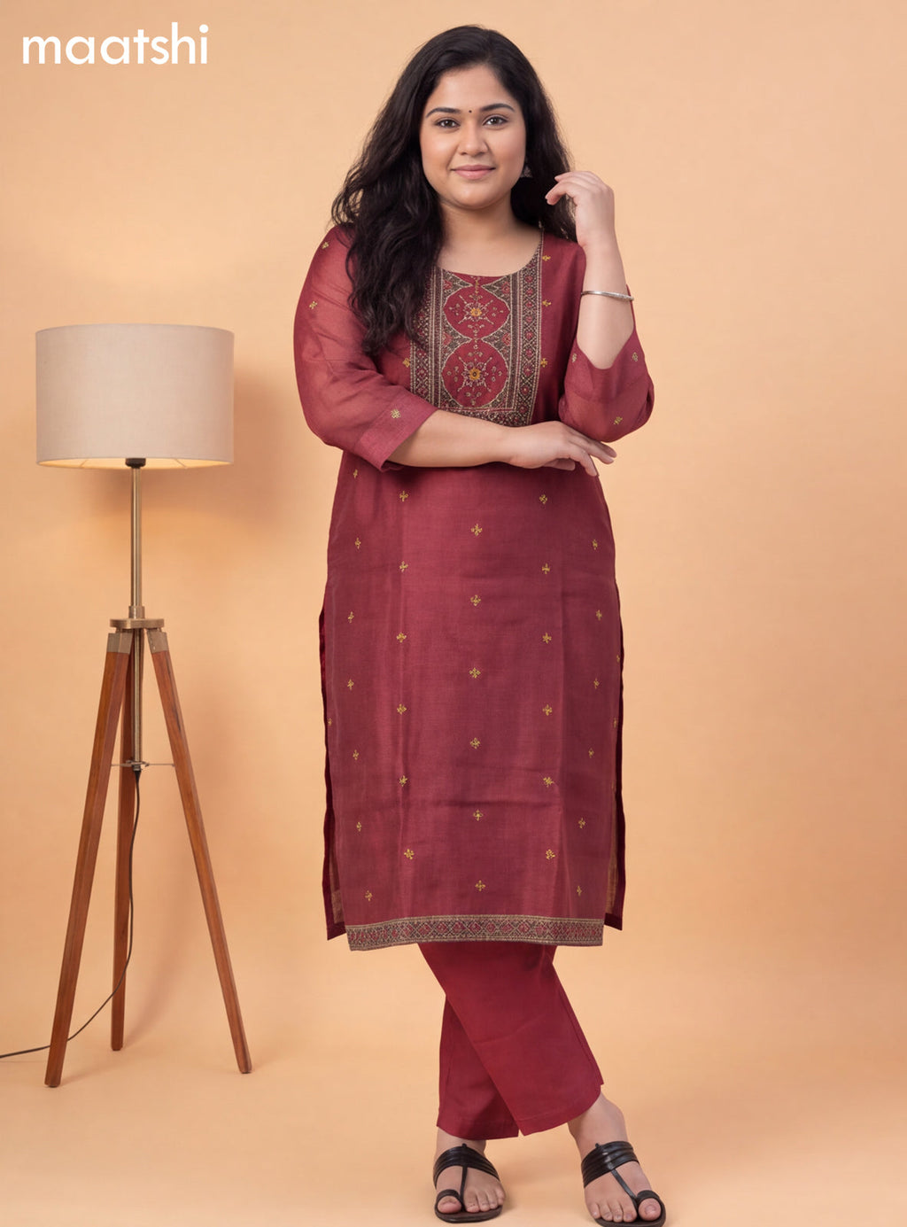 Maroon Mul Chanderi Ajrakh Printed Straight Suit