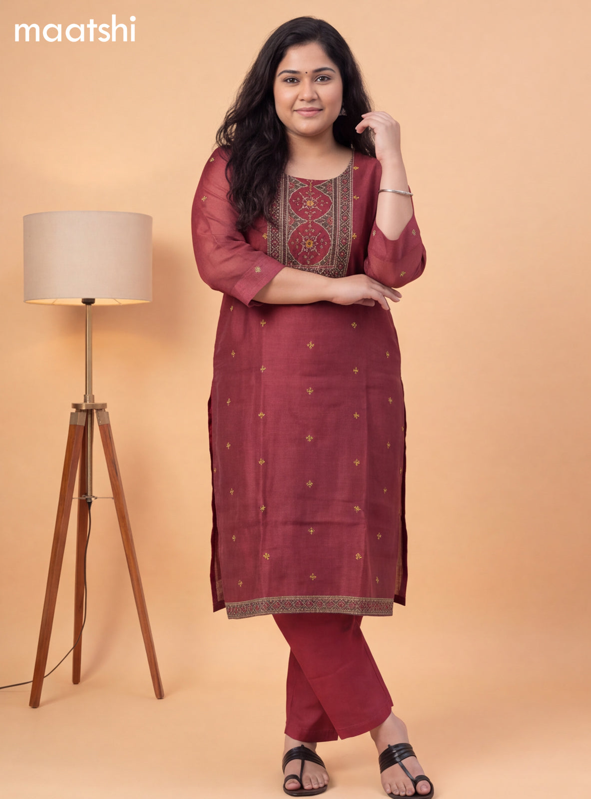 Maroon Mul Chanderi Ajrakh Printed Straight Suit