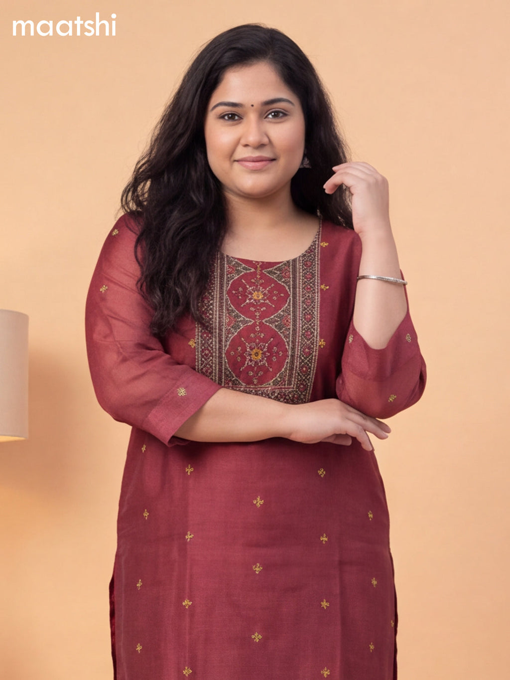 Maroon Mul Chanderi Ajrakh Printed Straight Suit