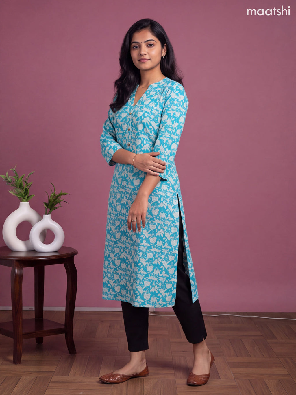 Teal Blue Cotton Printed & Embroidery Workm Straight Kurti
