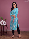 Teal Blue Cotton Printed & Embroidery Workm Straight Kurti