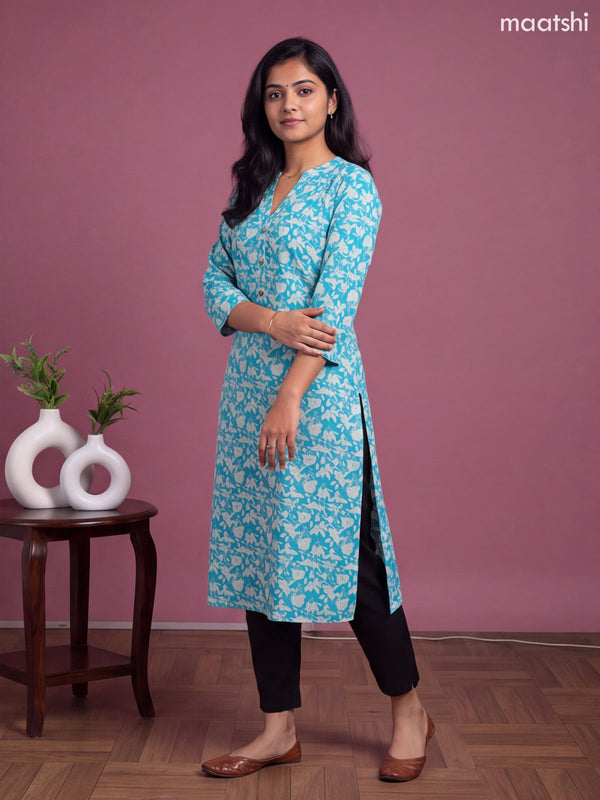 Teal Blue Cotton Printed & Embroidery Workm Straight Kurti