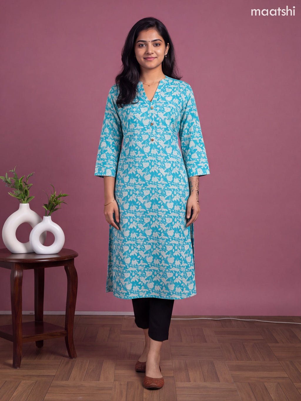 Teal Blue Cotton Printed & Embroidery Workm Straight Kurti