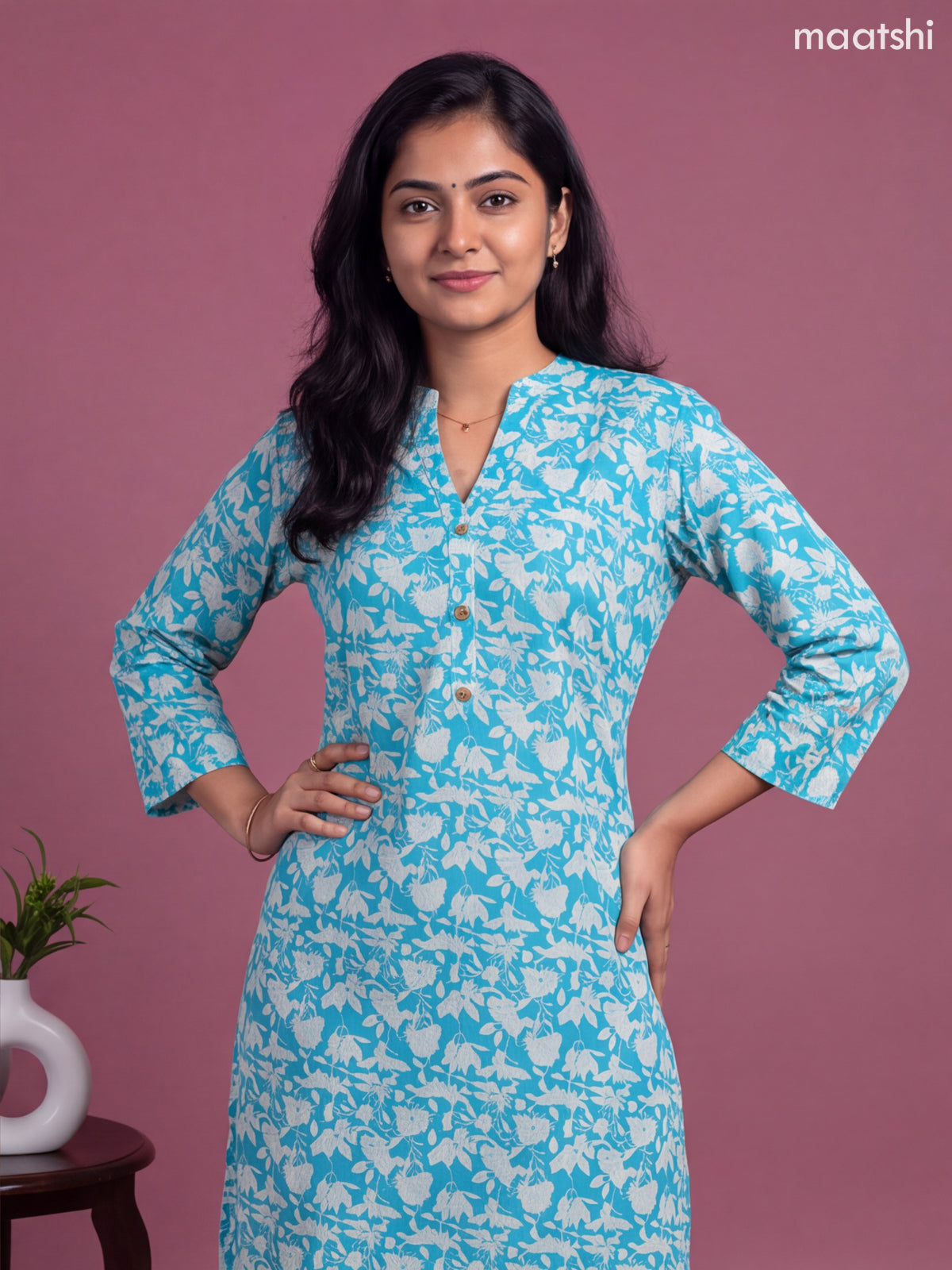 Teal Blue Cotton Printed & Embroidery Workm Straight Kurti