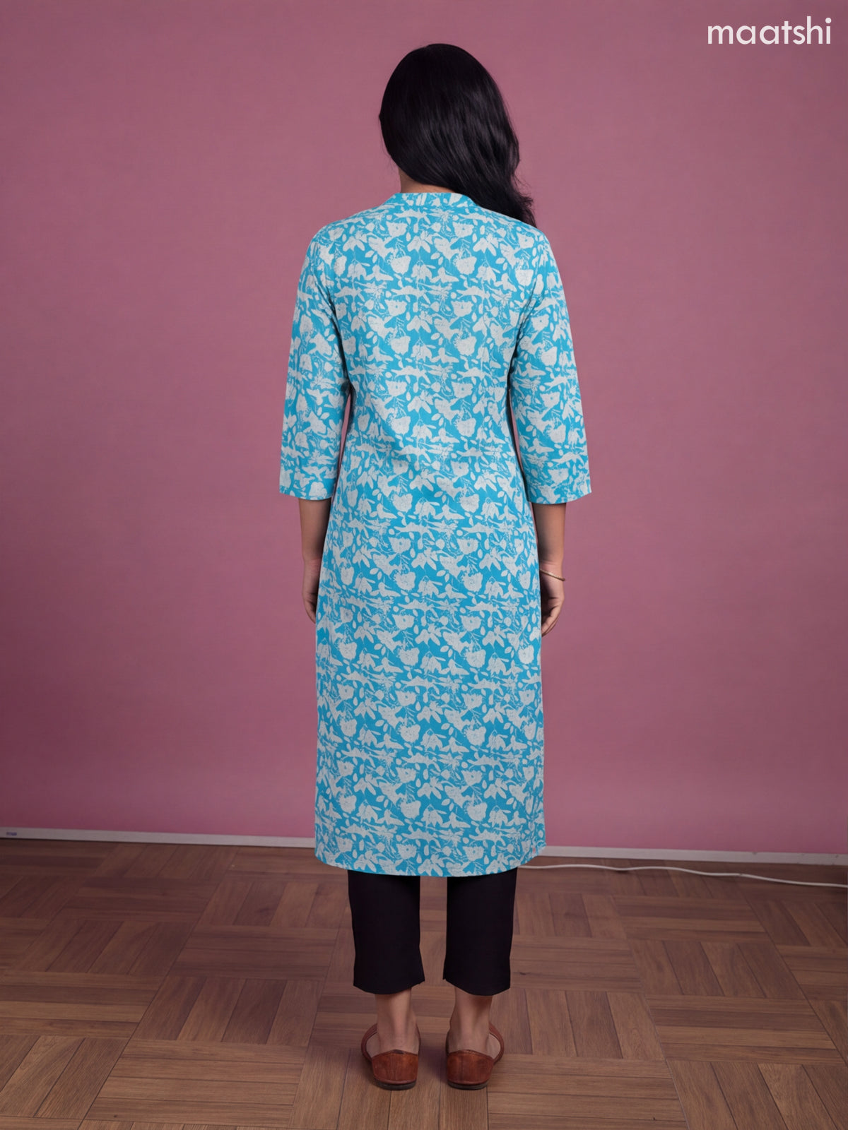 Teal Blue Cotton Printed & Embroidery Workm Straight Kurti