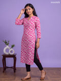 Pink Cotton Printed & Embroidery Workm Straight Kurti