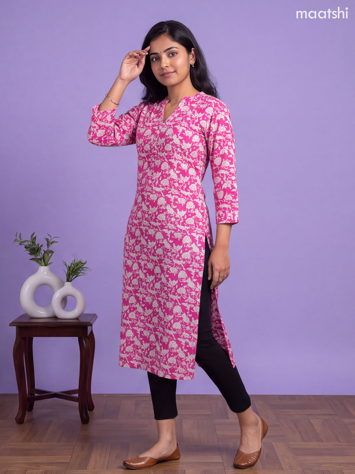 Pink Cotton Printed & Embroidery Workm Straight Kurti