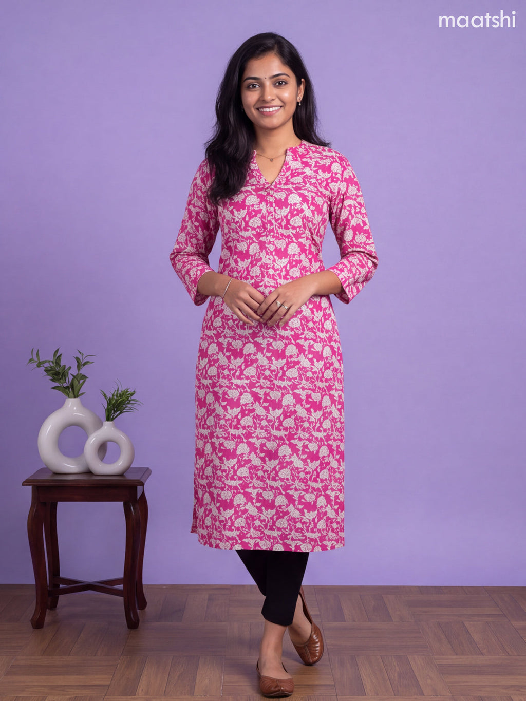 Pink Cotton Printed & Embroidery Workm Straight Kurti