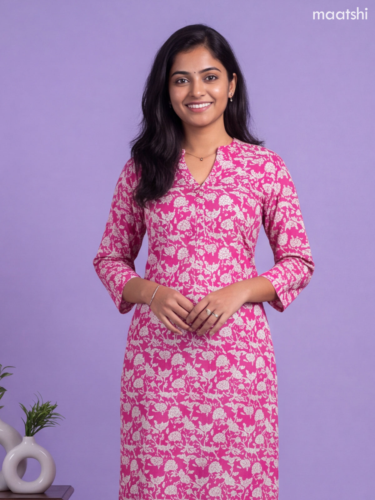 Pink Cotton Printed & Embroidery Workm Straight Kurti