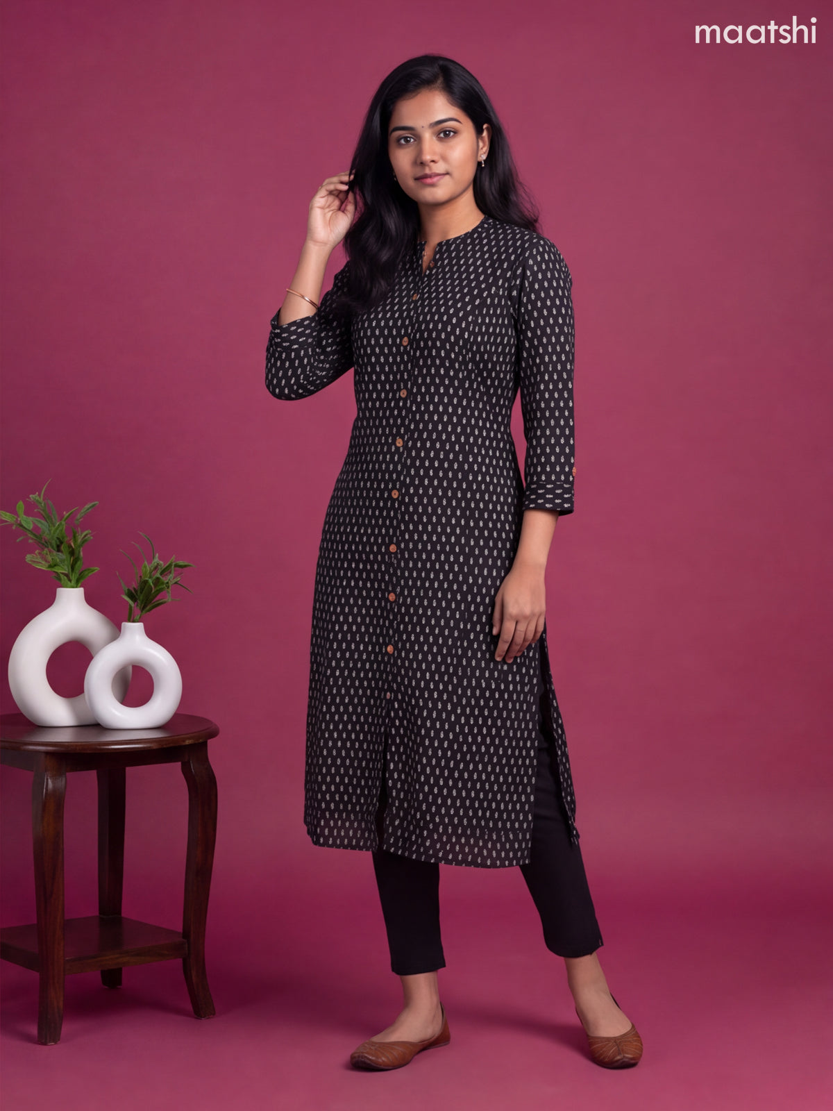 Black Cotton Printed Straight Kurti