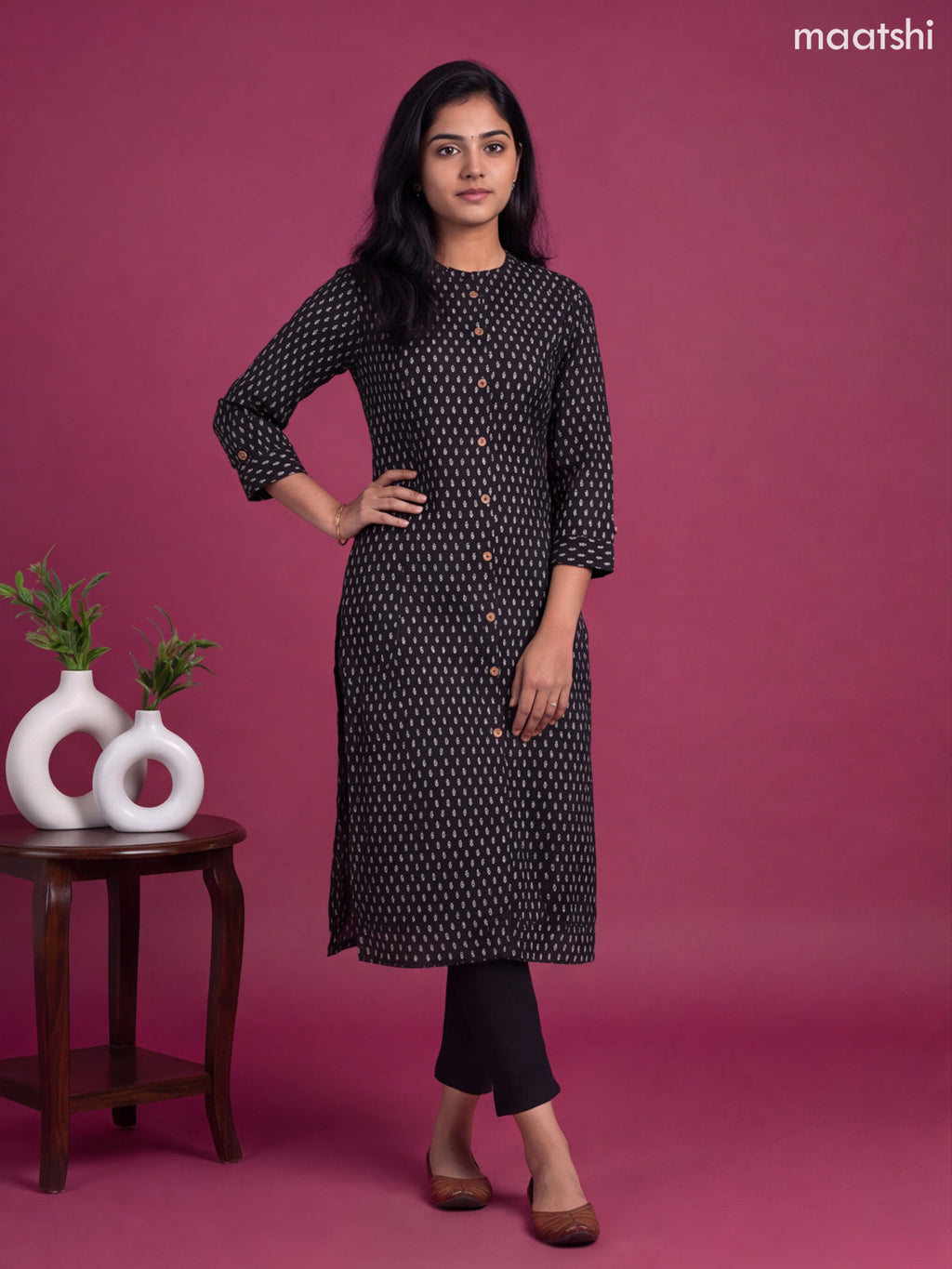 Black Cotton Printed Straight Kurti