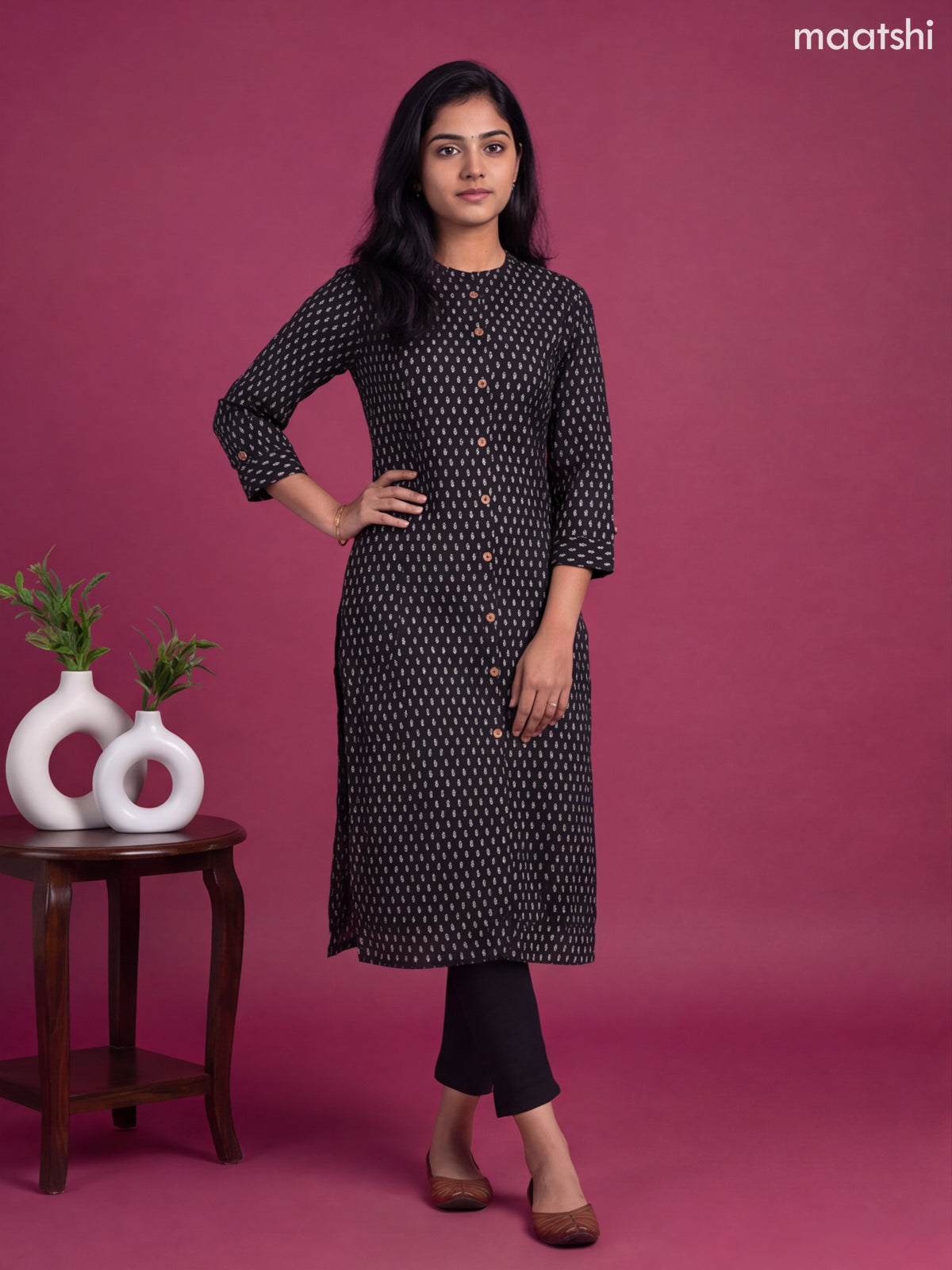 Black Cotton Printed Straight Kurti
