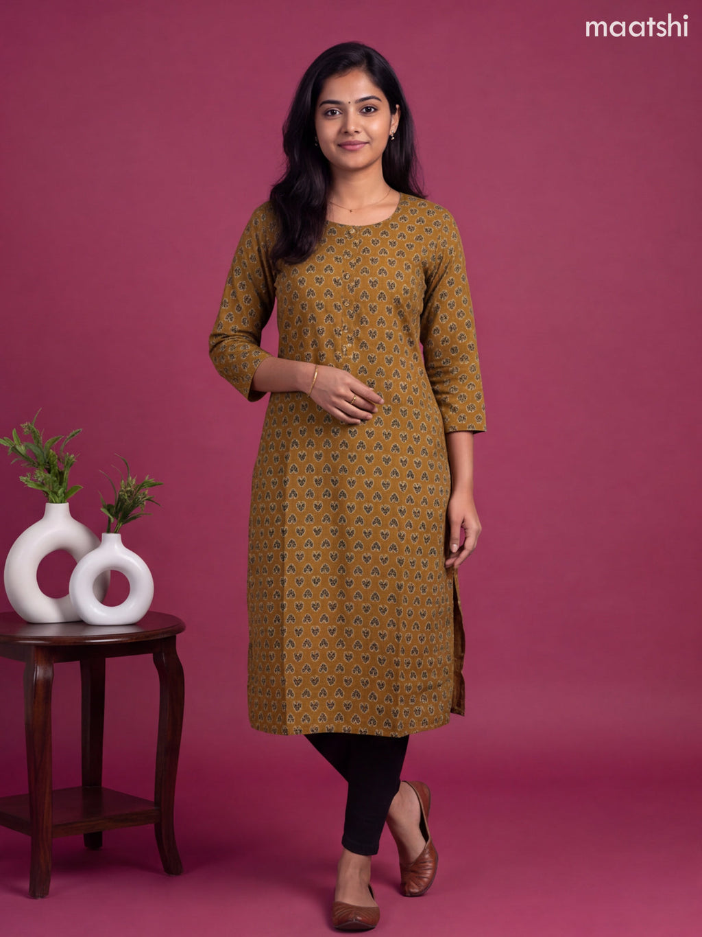 Mustard Yellow Cotton Printed Straight Kurti